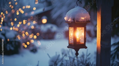 Outdoor winter decor with a tiny lantern on a pole photo