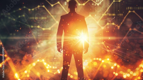 Empowered Businessman Surrounded by Financial Growth Energy - Dark Background