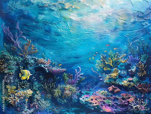 A painting of a coral reef with a yellow fish swimming in the foreground