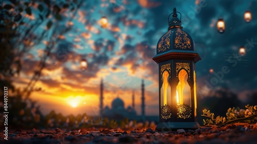 Creative eid mubarak concept. Eid mubarak and ramadan kareem greetings with copy space Eid al fitr islamic lantern and mosque background