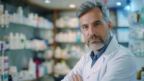 Man pharmacist on pharmacy interior banner wallpaper background  © Irina