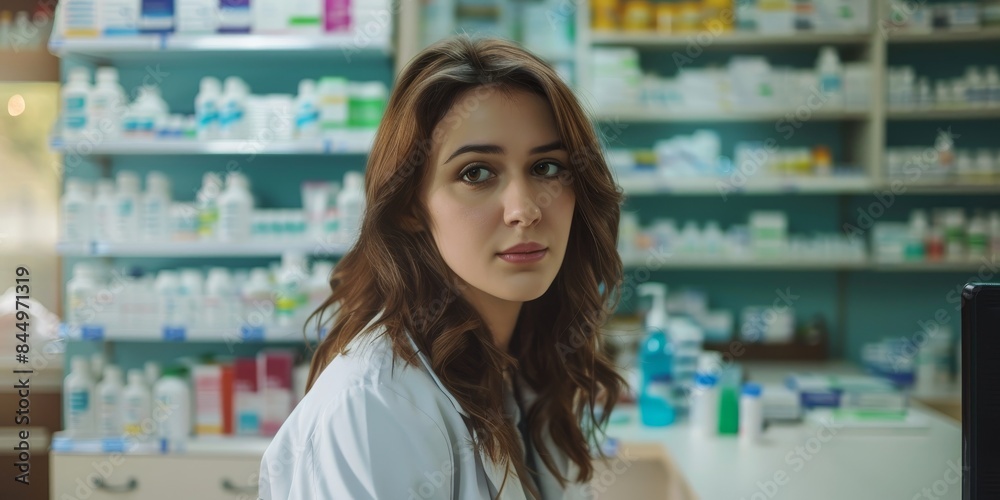 Woman pharmacist on pharmacy interior banner wallpaper background Woman pharmacist on pharmacy interior banner wallpaper background