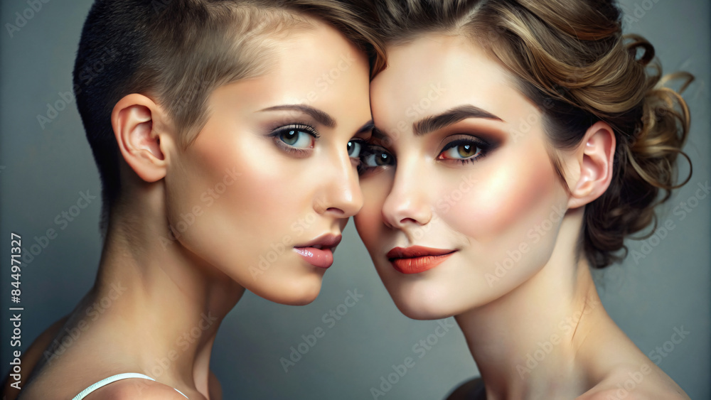 Two smiling women, one brunette one blond, pose together for a glamorous portrait Two smiling women, one brunette one blond, pose together for a glamorous portrait