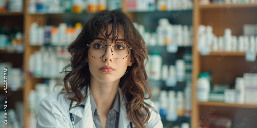 Woman pharmacist on pharmacy interior banner wallpaper background Woman pharmacist on pharmacy interior banner wallpaper background