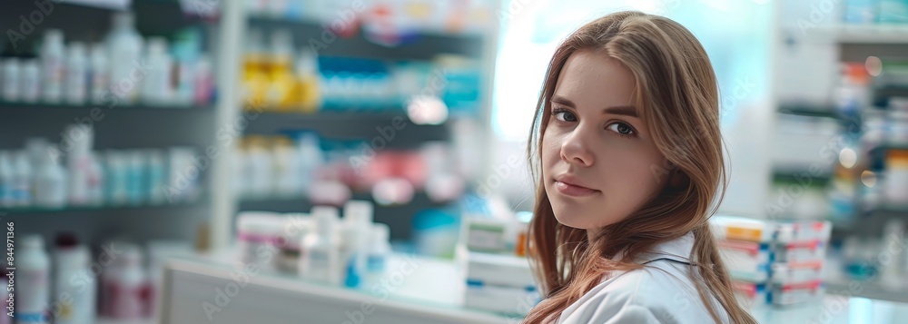 Woman pharmacist on pharmacy interior banner wallpaper background Woman pharmacist on pharmacy interior banner wallpaper background