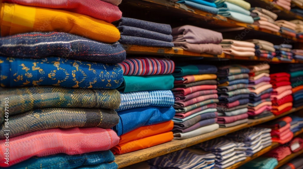 Fabric cloth on stacks on shelf wallpaper background Fabric cloth on stacks on shelf wallpaper background