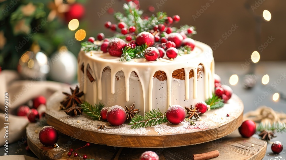 Christmas Cake on a wooden background with festive decorations Christmas Cake on a wooden background with festive decorations