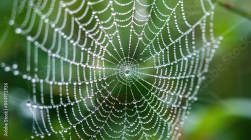 Spider web adorned with dew drops