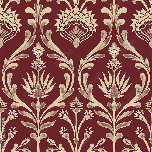 Design an elegant pattern with symmetrical waves and floral motifs in the style of traditional Indian color scheme of maroon