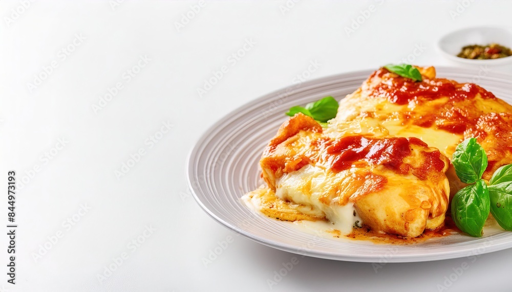 chicken Parm Parmesan often served with spaghetti noodles, linguine and fettuccine to rigatoni and farfalle pasta in restaurants with red tomato sauce, cheese, and basil. isolated on white background chicken Parm Parmesan often served with spaghetti noodles, linguine and fettuccine to rigatoni and farfalle pasta in restaurants with red tomato sauce, cheese, and basil. isolated on white background