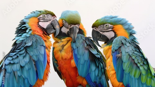 Forehead feathers of blue and gold macaws are green while their wing feathers are blue with green tips and their underwing coverts and breast are yellow orange photo