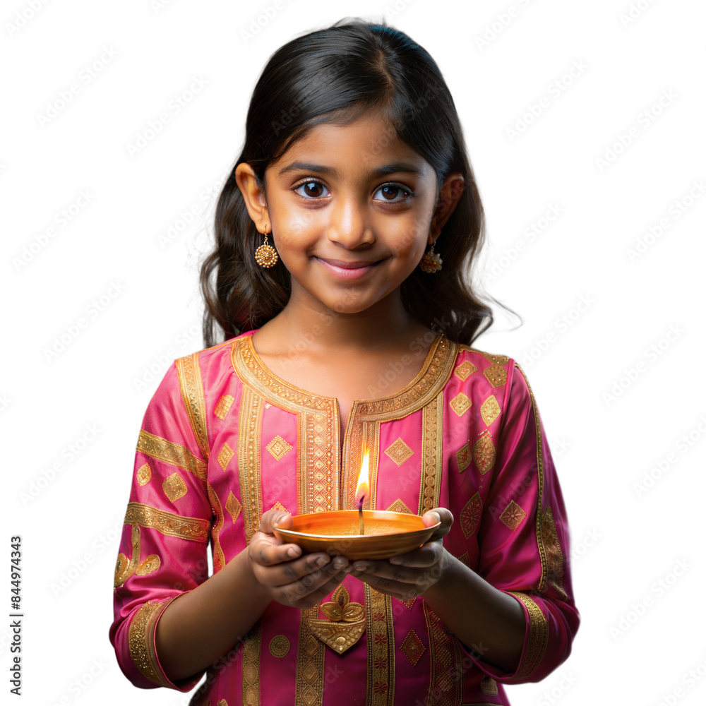 Young girl holding diya for Diwali celebration on transparent background Young girl holding diya for Diwali celebration on transparent background