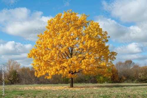 golden autumn tree with vibrant foliage seasonal landscape scene