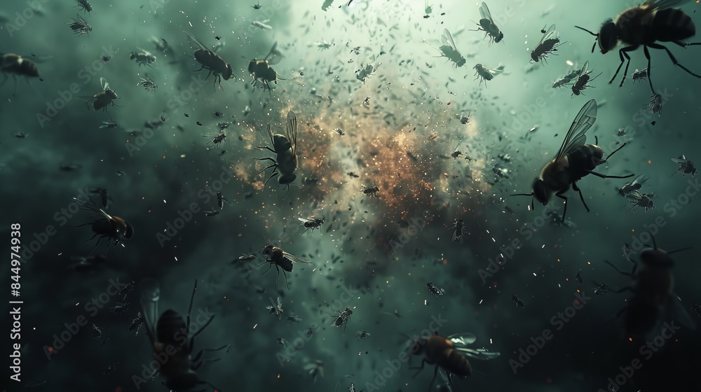 Obraz premium Digital rendering of flies amidst a mysterious, dramatic explosion. Surreal and chaotic scene with dark, cinematic atmosphere.