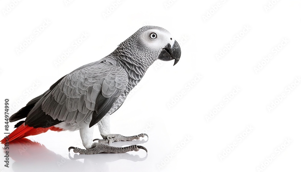 Fototapeta premium African grey Congo parrot - Psittacus erithacus - medium sized grey white colored bird with red tail feathers common in captivity, prized for its ability to mimic human speech and a wide vocabulary