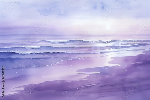 serene seaside escape tranquil beach bathed in soft purple hues at dusk watercolor illustration