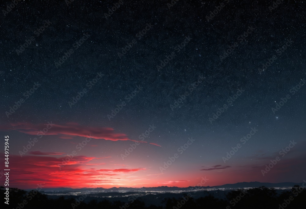 Fototapeta premium Futuristic starry sky with red light glow