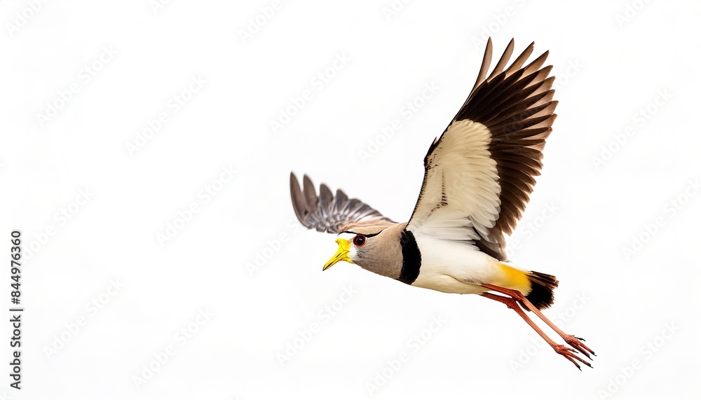 Fototapeta premium African wattled lapwing or Senegal plover - Vanellus senegallus - are large brown waders with a black crown, white forehead and large yellow facial wattles. The tail is white, tipped black.