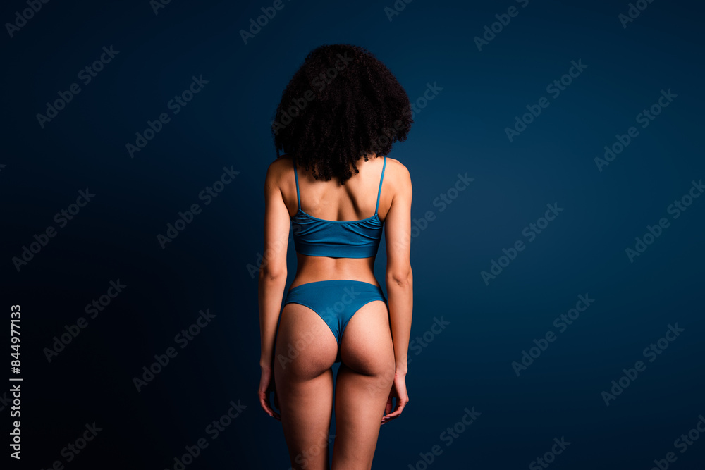 Obraz premium No retouch photo of gorgeous pretty lady underwear lingerie accepting pimple skin empty space isolated blue color background