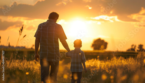 A father with a young son in a field of sunflowers during the golden hour. Dad and son are active in nature. The family walks through A mature father standing and holding a toddler son, having fun. 