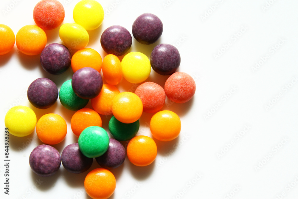 Close up shot of chewy colorful candy on white background Close up shot of chewy colorful candy on white background
