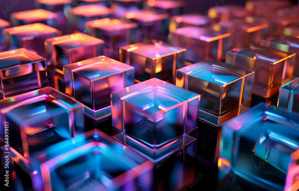 Fototapeta premium 3D render of colorful abstract geometric glass cubes on a black background, with a gradient color from blue to pink and orange, with reflection, refraction