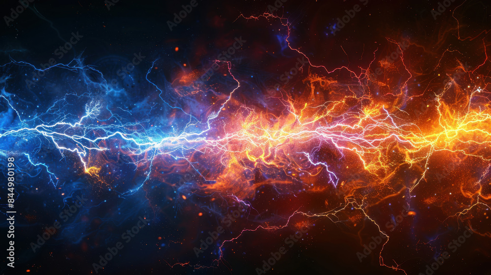 Dynamic abstract image featuring blue and orange electric lightning bolts, representing energy, power, and electrical phenomena. Dynamic abstract image featuring blue and orange electric lightning bolts, representing energy, power, and electrical phenomena.