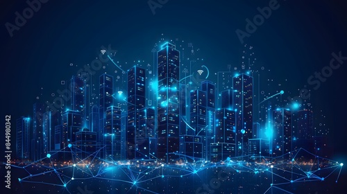 Wi-Fi smart city or network. Low poly wireframe. Building automation with computer board illustration. Isolated on a dark blue background. Plexus points and lines. Wireless smart city or network