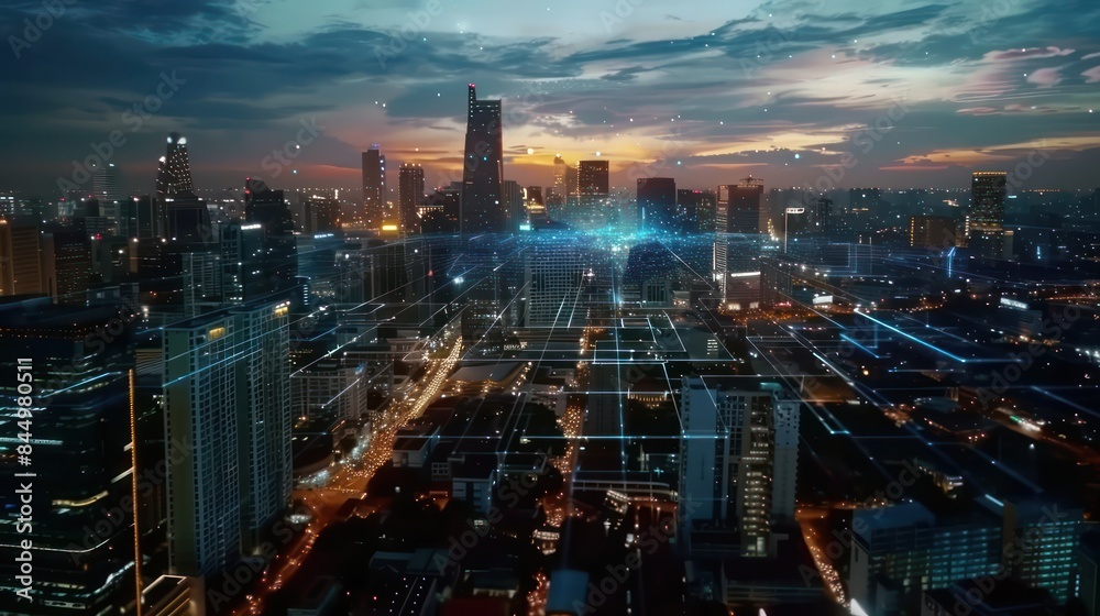Fototapeta premium Glowing technological process hologram, aerial panoramic city view buildings at sunset