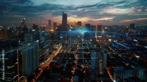 Glowing technological process hologram, aerial panoramic city view buildings at sunset