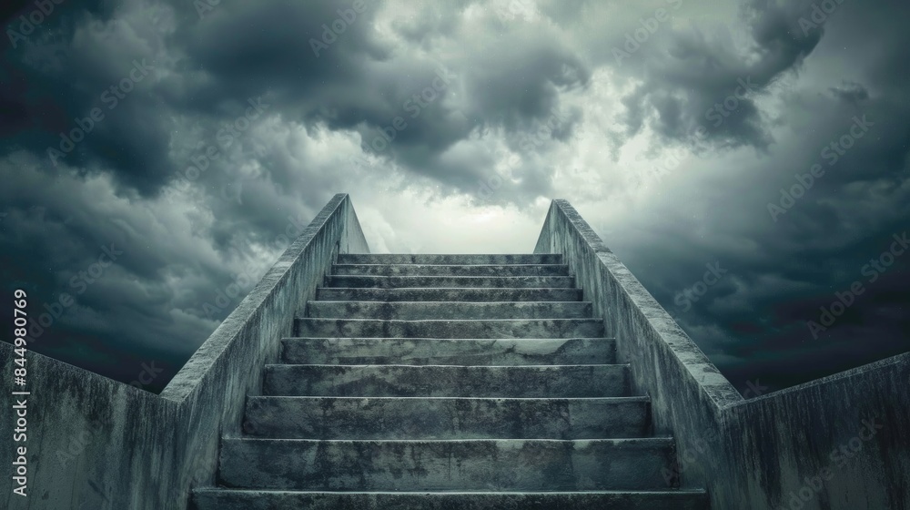 Staircases stretching towards overcast clouds Staircases stretching towards overcast clouds
