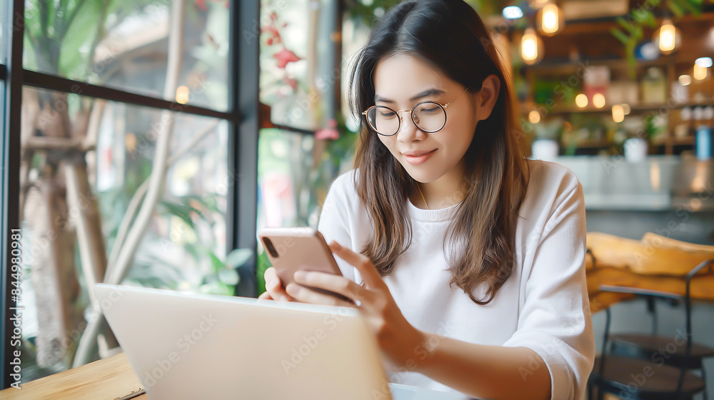 Close up of a young woman using a mobile phone and laptop, working online on her mobile phone doing digital marketing work for a web design agency Close up of a young woman using a mobile phone and laptop, working online on her mobile phone doing digital marketing work for a web design agency