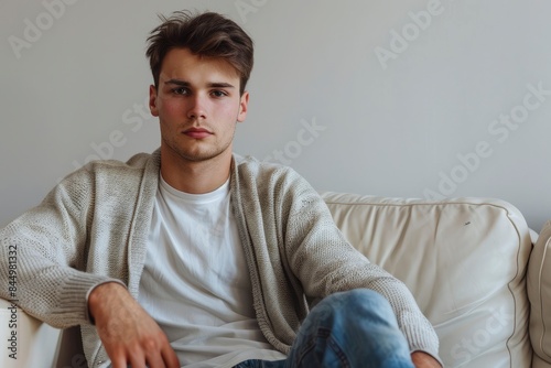 Handsome young man sitting on sofa on light background - generative ai