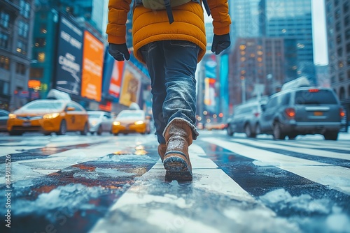 Person walking on snowy city street photo