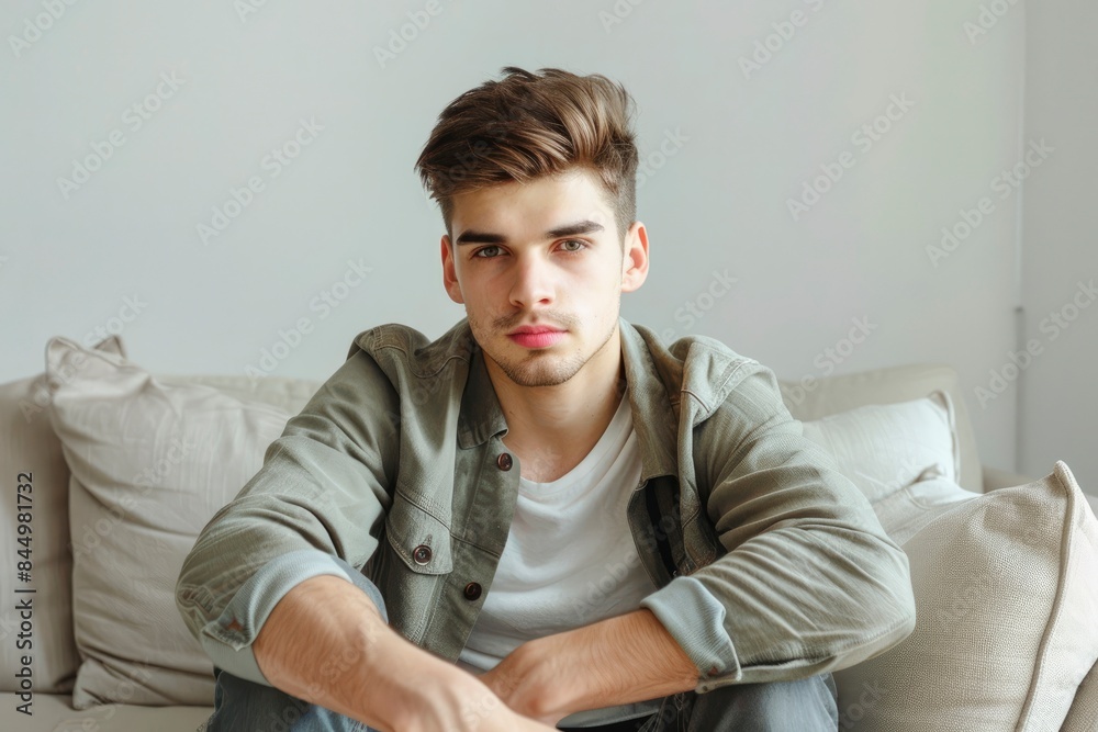 Handsome young man sitting on sofa on light background - generative ai Handsome young man sitting on sofa on light background - generative ai