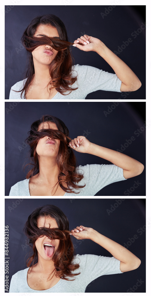 Woman, hair and hiding on studio background or montage, cosmetics and healthy growth or textures. Female person, tongue out and composite for haircare, keratin treatment and comedy for dermatology Woman, hair and hiding on studio background or montage, cosmetics and healthy growth or textures. Female person, tongue out and composite for haircare, keratin treatment and comedy for dermatology