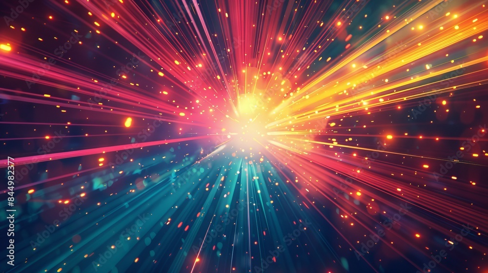 Obraz premium Vibrant abstract background with colorful light beams and particles, creating a stunning cosmic explosion effect. Perfect for modern designs.