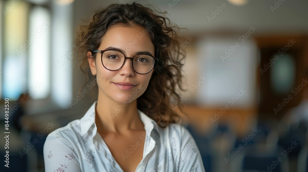 Confident young woman with curly hair and glasses in a professional setting, smiling in soft focus background
Confident young woman with curly hair and glasses in a professional setting, smiling in soft focus background