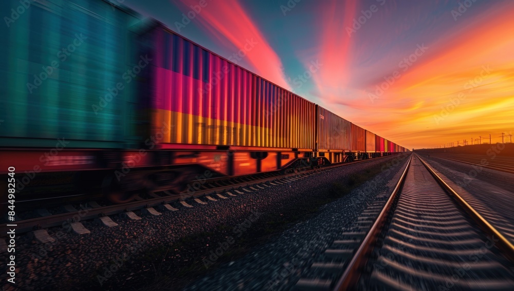A long freight train with colorful containers is driving along the tracks against the background of an orange and blue sky at sunset. A long freight train with colorful containers is driving along the tracks against the background of an orange and blue sky at sunset.