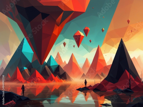 Abstract concept drawing of game world with wild imagination, bold color and shape, featuring low poly design and dynamic environment.