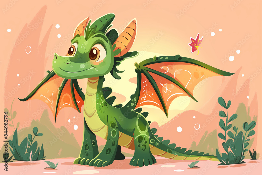 Naklejka premium Cheerful Daybreak: Playful Green Dragon