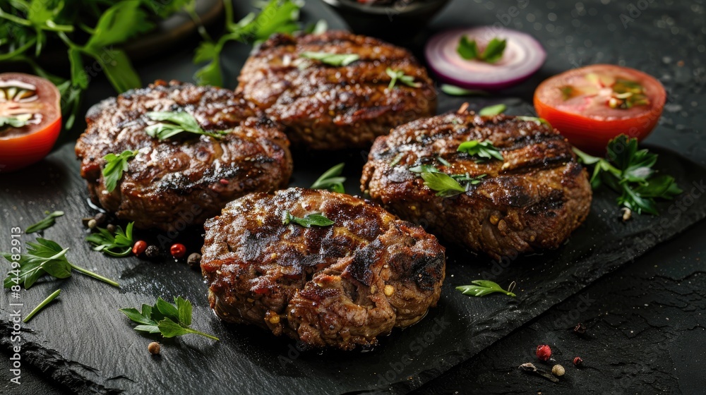 Cutlets made from burger steak on a dark background Cutlets made from burger steak on a dark background
