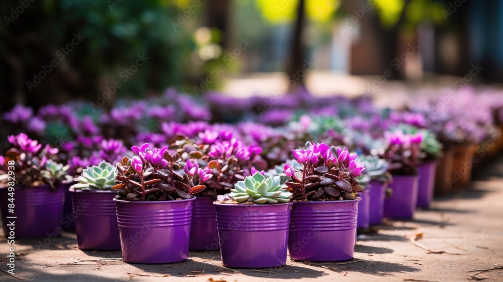 A row of purple potted plants are lined up on a sidewalk