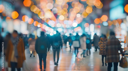 Defocused urban landscape with blurred lights and bustling figures of diverse ethnicities and languages representing the global movement of international transfers. . photo