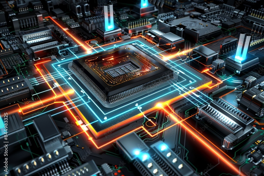 Fototapeta premium AI processor on a high tech circuit board, representing advanced technology and digital innovation in a vibrant environment