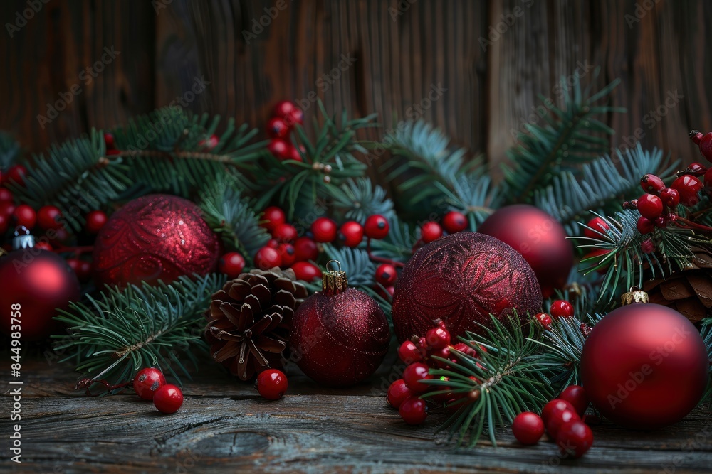 Beautiful celebratory Christmas background. New Year's holidays. Christmas holidays. Beautiful Christmas decorations on the wooden background - generative ai Beautiful celebratory Christmas background. New Year's holidays. Christmas holidays. Beautiful Christmas decorations on the wooden background - generative ai