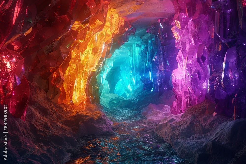 Obraz premium A vibrant, colorful crystal cave with glowing, abstract formations in a fantasy setting.