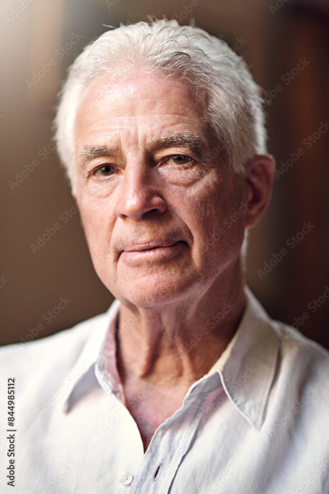 Portrait, pride or senior man in home to relax with wellness or confidence in living room or apartment. Break, face or elderly male person resting with peace or comfort in retirement, lounge or house