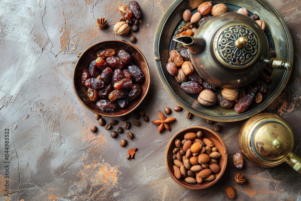 Photo of dates and dry fruits in a bowl on a table with an Arabic coffee pot in the style of top view Photo of dates and dry fruits in a bowl on a table with an Arabic coffee pot in the style of top view