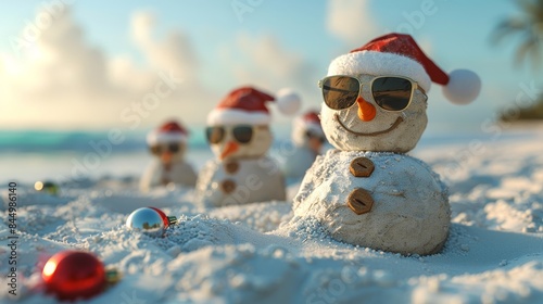 A snowman with sunglasses and a red hat is standing on a beach